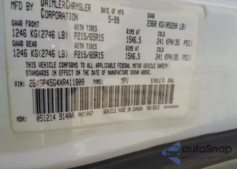 1999 Dodge Caravan Se z USA, uszkodzony, nr VIN 2B4GP45G4XR411809